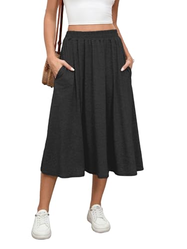 Acramy Rock Damen Lang Einfarbig Rock A-Line Midi Skirt Elastische Röcke mit Taschen (S, Schwarz) von Acramy