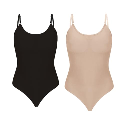 Acramy Shapewear Damen Body Shaper Bauchweg String Figurformendes Jumpsuit Miederbody Stark Formend Tanga Bodysuit Sculpting Shapewear mit Bauchweg-Effekt (L, Schwarz+Hautfarben) von Acramy