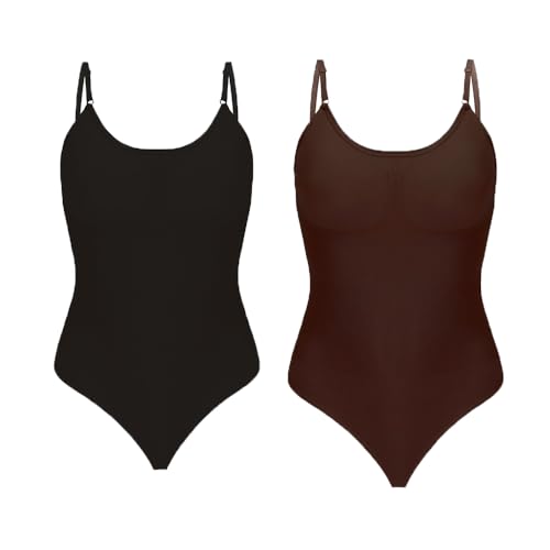 Acramy Shapewear Damen Body Shaper Bauchweg String Figurformendes Jumpsuit Miederbody Stark Formend Tanga Bodysuit Sculpting Shapewear mit Bauchweg-Effekt (L, Schwarz+Kaffee) von Acramy