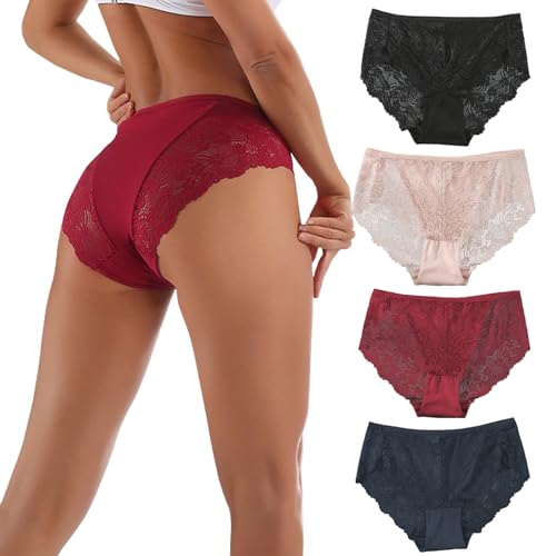 Acramy Unterwäsch Damen Große Größen Atmungsaktive Unterhosen 4er Pack Bikini Slips Hipster Panties mit Spitze (XL, Mehrfarbig) von Acramy