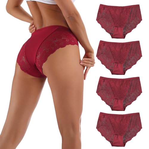 Acramy Unterwäsch Damen Große Größen Atmungsaktive Unterhosen 4er Pack Bikini Slips Hipster Panties mit Spitze (XL, Rot) von Acramy