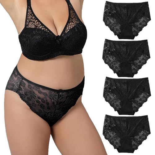 Acramy Unterwäsch Damen Große Größen Atmungsaktive Unterhosen 4er Pack Bikini Slips Hipster Panties mit Spitze (XL, Schwarz) von Acramy