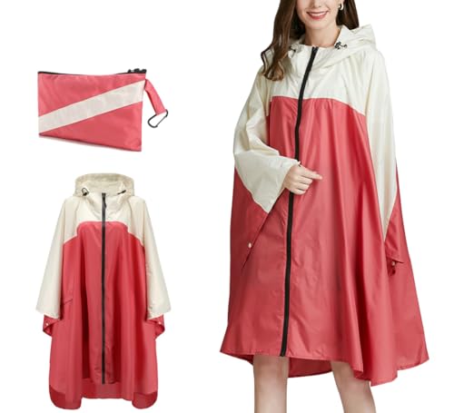 Acramy Wasserdichter Regenponcho Damen Outdoor Regenjacke Festival Regenmantel mit Kapuze (Rot Weiß) von Acramy