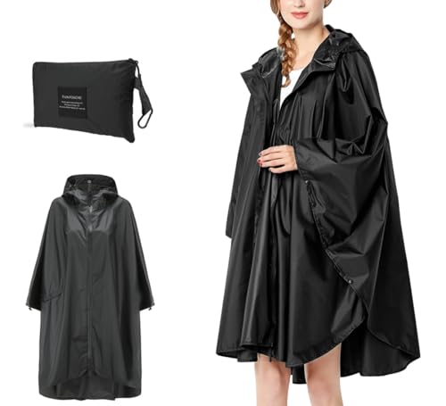 Acramy Wasserdichter Regenponcho Damen Outdoor Regenjacke Festival Regenmantel mit Kapuze (Schwarz) von Acramy