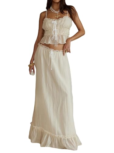Acrawnni 2-teiliges Maxirock-Set für Damen, Schnürung, Neckholder, rückenfrei, Tank-Top, gestufte Rüschen, fließender langer Rock, Set Y2K Strand-Outfits, C-Elfenbein, L von Acrawnni