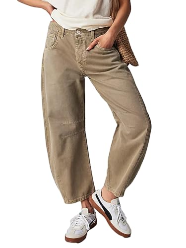 Acrawnni Damen Baggy Mid Rise Jeans Weites Bein Lose Boyfriend Denim Harem Cropped Pants Y2k Baggy Vintage Barrel Jeans, A-Khaki, M von Acrawnni