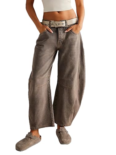 Acrawnni Damen Baggy Mid Rise Jeans Weites Bein Lose Boyfriend Denim Harem Cropped Pants Y2k Baggy Vintage Barrel Jeans, A-braun, L von Acrawnni