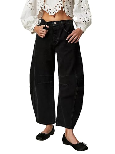 Acrawnni Damen Baggy Mid Rise Jeans Weites Bein Lose Boyfriend Denim Harem Cropped Pants Y2k Baggy Vintage Barrel Jeans, A-schwarz, M von Acrawnni