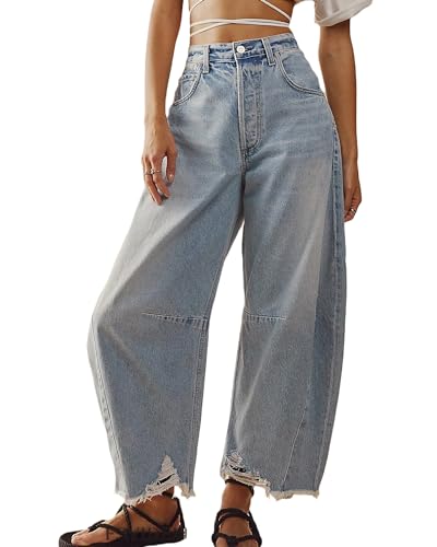 Acrawnni Damen Baggy Mid Rise Jeans Weites Bein Lose Boyfriend Denim Harem Cropped Pants Y2k Baggy Vintage Barrel Jeans Streetwear, B-light blue, S von Acrawnni