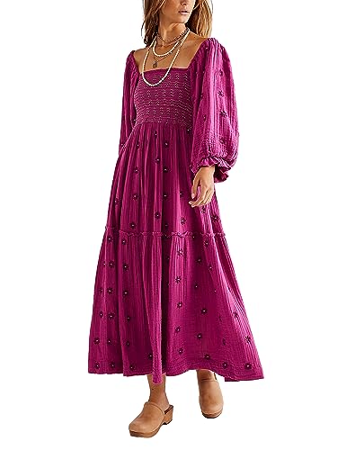 Acrawnni Damen Maxikleid mit Blumenstickerei, lange Puffärmel, quadratischer Ausschnitt, gesmokt, gestuft, böhmisch, fließendes Kleid, Strandkleid, langes Kleid, A-Rose Purple, M von Acrawnni
