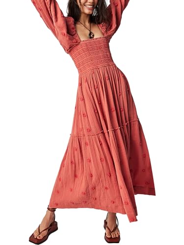 Acrawnni Damen Blumen Bestickt Maxikleid Lange Puffärmel Quadratischer Ausschnitt Gesmokt Stufened Bohemian Flowy Kleid Strand Langes Kleid, A-Wassermelone Rot, Medium von Acrawnni