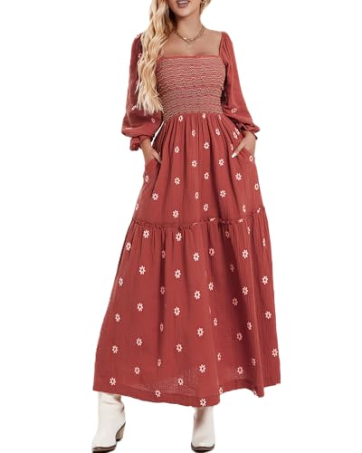 Acrawnni Damen Maxikleid mit Blumenstickerei, lange Puffärmel, quadratischer Ausschnitt, gesmokt, gestuft, böhmisch, fließendes Kleid, Strandkleid, langes Kleid, A-braun, S von Acrawnni