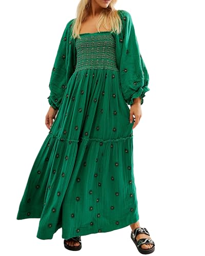 Acrawnni Damen Maxikleid mit Blumenstickerei, lange Puffärmel, quadratischer Ausschnitt, gesmokt, gestuft, böhmisch, fließendes Kleid, Strandkleid, langes Kleid, A-dark green, M von Acrawnni