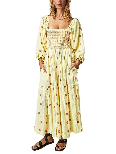 Acrawnni Damen Blumen Bestickt Maxikleid Lange Puffärmel Quadratischer Ausschnitt Gesmokt Stufened Bohemian Flowy Kleid Strand Langes Kleid, A-gelb, L von Acrawnni