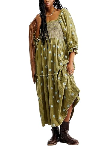 Acrawnni Damen Blumen Bestickt Maxikleid Lange Puffärmel Quadratischer Ausschnitt Gesmokt Stufened Bohemian Flowy Kleid Strand Langes Kleid, A-grün, L von Acrawnni