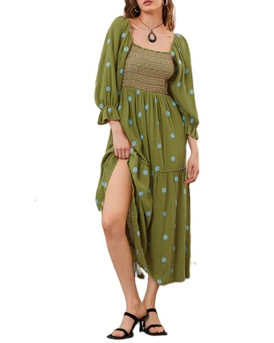 Acrawnni Damen Maxikleid mit Blumenstickerei, lange Puffärmel, quadratischer Ausschnitt, gesmokt, gestuft, böhmisch, fließendes Kleid, Strandkleid, langes Kleid, A-grün, M von Acrawnni