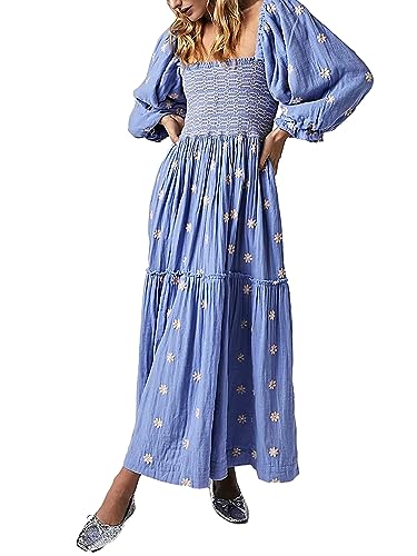 Acrawnni Damen Blumen Bestickt Maxikleid Lange Puffärmel Quadratischer Ausschnitt Gesmokt Stufened Bohemian Flowy Kleid Strand Langes Kleid, A-light blue, L von Acrawnni