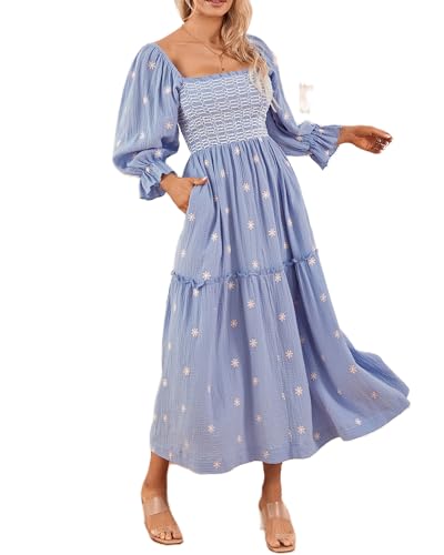 Acrawnni Damen Maxikleid mit Blumenstickerei, lange Puffärmel, quadratischer Ausschnitt, gesmokt, gestuft, böhmisch, fließendes Kleid, Strandkleid, langes Kleid, A-light blue, M von Acrawnni