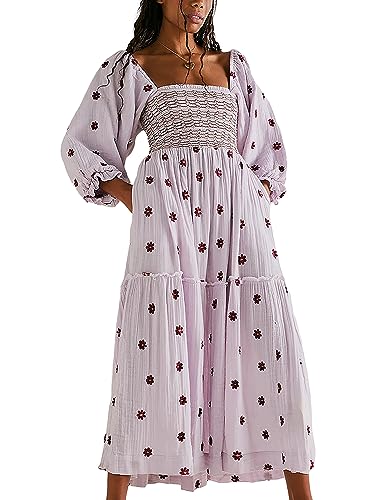 Acrawnni Damen Maxikleid mit Blumenstickerei, lange Puffärmel, quadratischer Ausschnitt, gesmokt, gestuft, böhmisch, fließendes Kleid, Strandkleid, langes Kleid, A-purple, M von Acrawnni