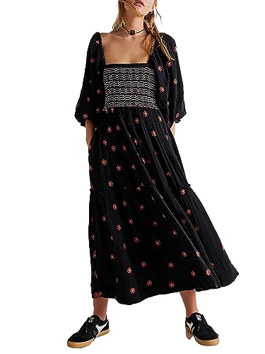 Acrawnni Damen Blumen Bestickt Maxikleid Lange Puffärmel Quadratischer Ausschnitt Gesmokt Stufened Bohemian Flowy Kleid Strand Langes Kleid, A-schwarz, Medium von Acrawnni