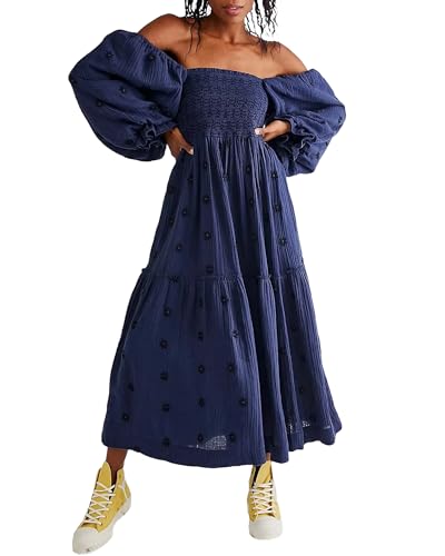 Acrawnni Damen Blumen Bestickt Maxikleid Lange Puffärmel Quadratischer Ausschnitt Gesmokt Stufened Bohemian Flowy Kleid Strand Langes Kleid, B-Marineblau, Small von Acrawnni