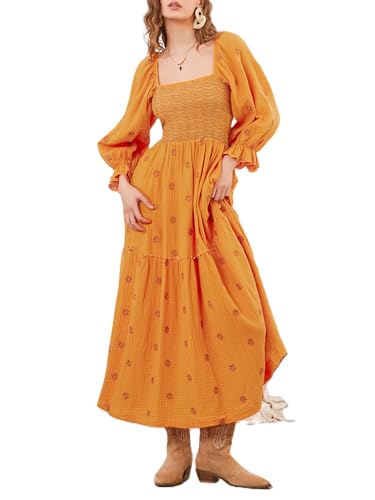 Acrawnni Damen Maxikleid mit Blumenstickerei, lange Puffärmel, quadratischer Ausschnitt, gesmokt, gestuft, böhmisch, fließendes Kleid, Strandkleid, langes Kleid, B-Orange, M von Acrawnni