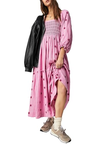 Acrawnni Damen Blumen Bestickt Maxikleid Lange Puffärmel Quadratischer Ausschnitt Gesmokt Stufened Bohemian Flowy Kleid Strand Langes Kleid, B-Rosa, L von Acrawnni