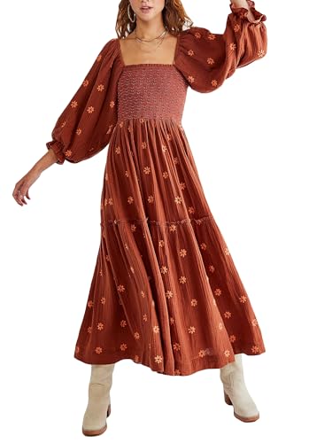 Acrawnni Damen Blumen Bestickt Maxikleid Lange Puffärmel Quadratischer Ausschnitt Gesmokt Stufened Bohemian Flowy Kleid Strand Langes Kleid, B-dirty Orange, L von Acrawnni