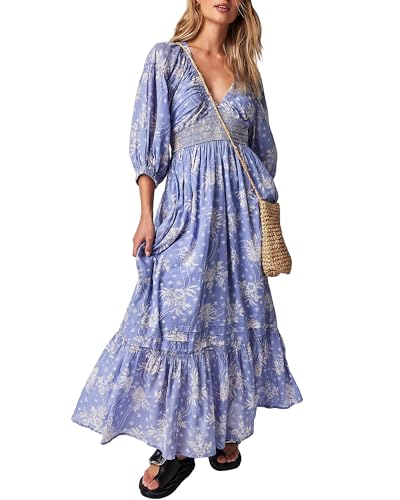 Acrawnni Damen Blumen Bestickt Maxikleid Lange Puffärmel Quadratischer Ausschnitt Gesmokt Stufened Bohemian Flowy Kleid Strand Langes Kleid, C-Blau, Medium von Acrawnni