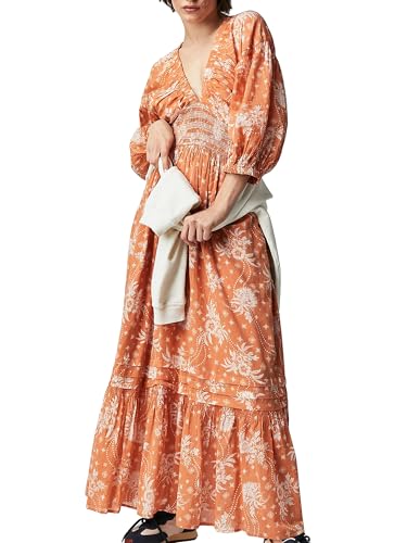 Acrawnni Damen Blumen Bestickt Maxikleid Lange Puffärmel Quadratischer Ausschnitt Gesmokt Stufened Bohemian Flowy Kleid Strand Langes Kleid, C-Orange, L von Acrawnni