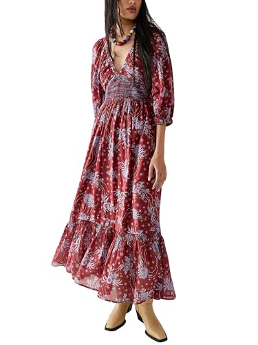 Acrawnni Damen Blumen Bestickt Maxikleid Lange Puffärmel Quadratischer Ausschnitt Gesmokt Stufened Bohemian Flowy Kleid Strand Langes Kleid, C-Wine Red, Small von Acrawnni