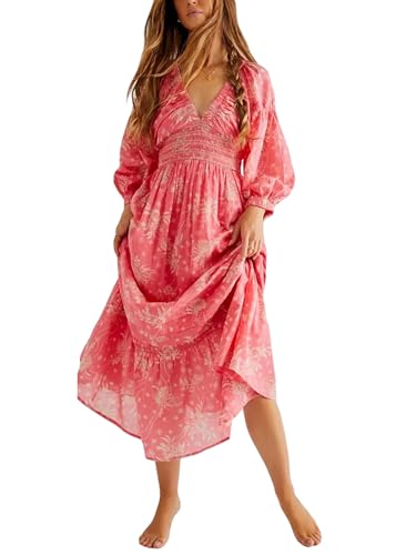 Acrawnni Damen Blumen Bestickt Maxikleid Lange Puffärmel Quadratischer Ausschnitt Gesmokt Stufened Bohemian Flowy Kleid Strand Langes Kleid, C-pink, L von Acrawnni