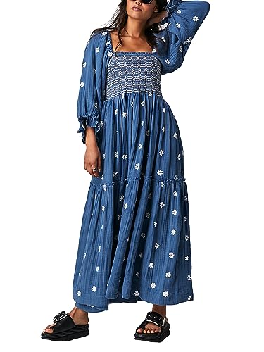 Acrawnni Damen Blumen Bestickt Maxikleid Lange Puffärmel Quadratischer Ausschnitt Gesmokt Stufened Bohemian Flowy Kleid Strand Langes Kleid, Dunkelblau, Small von Acrawnni