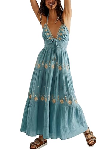 Acrawnni Damen Blumen Bestickt Maxikleid Sommer Ärmellos V Ausschnitt Tie Up Neckholder Boho Langes Kleid Rückenfrei Flowy A-Linie Kleid, A-Blau, Medium von Acrawnni