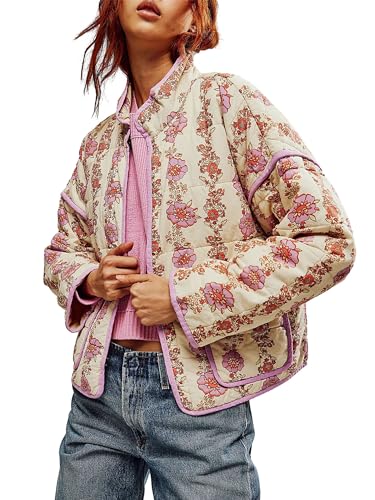 Acrawnni Damen Cropped Puffer Jacke Blumendruck Gepolstert Steppmantel Langarm Leicht Vintage Open Front Gepolstert Cardigan Mantel Oberbekleidung, A-Pink, M von Acrawnni