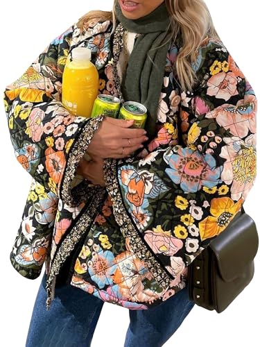 Acrawnni Damen Cropped Puffer Jacke Blumendruck Gepolstert Steppmantel Langarm Leicht Vintage Open Front Gepolstert Cardigan Mantel Oberbekleidung, E-Schwarz, 38 von Acrawnni