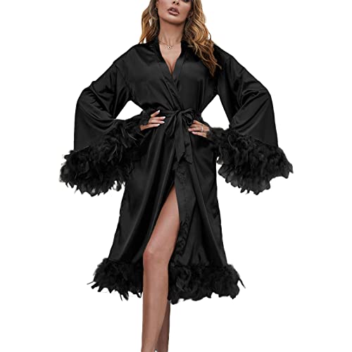 Acrawnni Damen Feder Seide Satin Robe Dessous Nachthemd Bademantel Nachtwäsche Hochzeit Seide Satin Brautmantel Morgenmantel mit Gürtel, A-schwarz, One size von Acrawnni