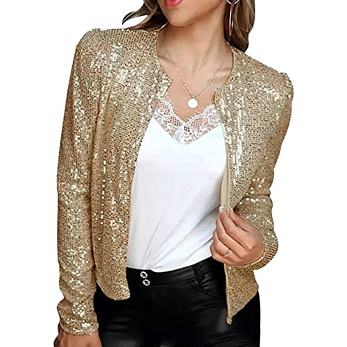 Acrawnni Damen Glitzer Jacken Langarm Open Front Pailletten Blazer Cardigan Mantel Glitzer Disco Bomber Jacke, A-Gold, 38 von Acrawnni