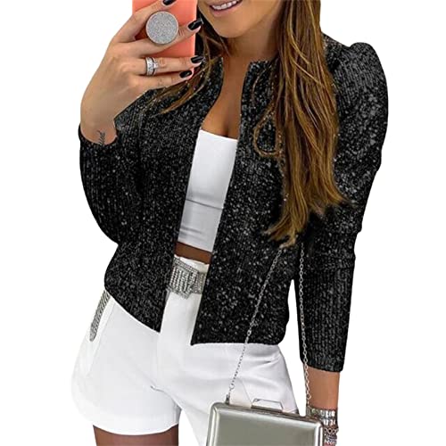 Acrawnni Damen Sparkly Glitter Jacken Langarm Open Front Pailletten Blazer Cardigan Mantel Glitzer Disco Bomberjacke, A-schwarz, L von Acrawnni