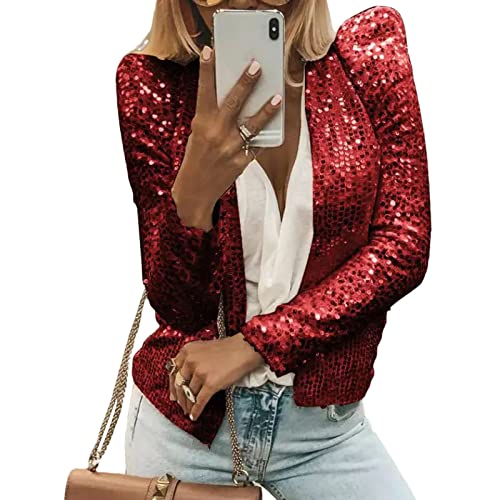 Acrawnni Damen Sparkly Glitter Jacken Langarm Open Front Pailletten Blazer Cardigan Mantel Glitzer Disco Bomberjacke, rot (a), S von Acrawnni