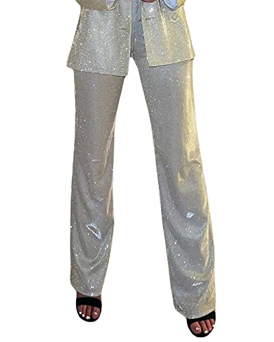 Acrawnni Glitzernder Paillettenanzug für Damen, langärmelig, Button-Down, Glitzer-Pailletten, Hemd, Top, glitzernde Freizeithose, Bling-BH, Party, Clubwear, B-silver Pants, M von Acrawnni