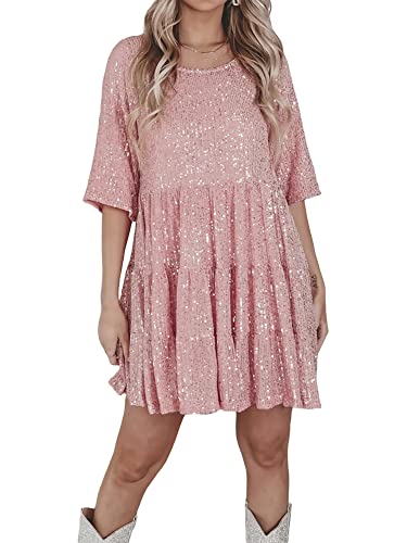 Acrawnni Damen Glitzernde Pailletten Minikleid Rundhals Kurzarm Glitzer Glitzer Gestufte Tunika Babypuppe Kleid Party Club Cocktail Minikleid, A-Pink, X-Large von Acrawnni