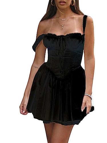 Acrawnni Damen Korsett Minikleid Cami Kleid Y2k ärmellos niedrig geschnitten quadratischer Ausschnitt rückenfrei Schnürung Bustier Flare A-Linie kurze Kleider, C-schwarz, 42 von Acrawnni