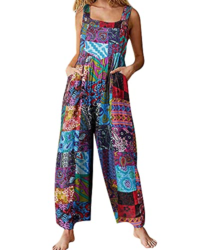 Acrawnni Damen Latzhose Vintage Blumen Gedruckt Lose Casual Baggy Ärmellos Overall Lang Jumpsuit Playsuit Hose Strampler, A-Blau, 36 von Acrawnni