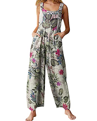 Acrawnni Damen Latzhose Vintage Blumen Gedruckt Lose Casual Baggy Ärmellos Overall Lang Jumpsuit Playsuit Hose Strampler, C-Beige, 38 von Acrawnni