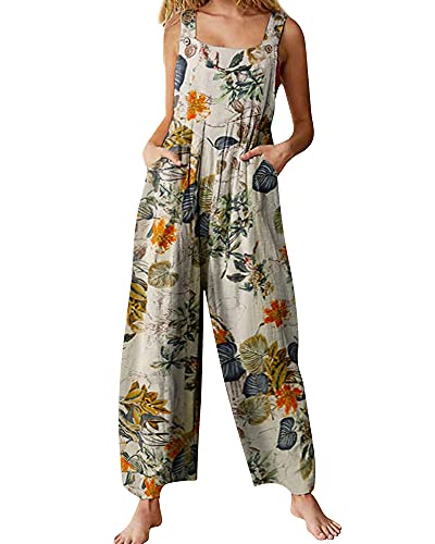 Acrawnni Damen Latzhose Vintage Floral Gedruckt Lose Casual Baggy Ärmellos Overall Lange Jumpsuit Playsuit Hosen Strampler, C-Gelb, 36 von Acrawnni