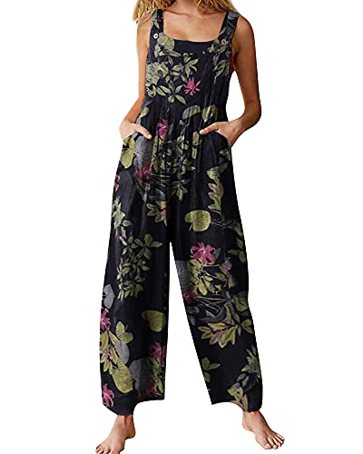 Acrawnni Damen Latzhose Vintage Blumen Gedruckt Lose Casual Baggy ?rmellos Overall Lang Jumpsuit Playsuit Hose Strampler, C-Marineblau, 48 von Acrawnni