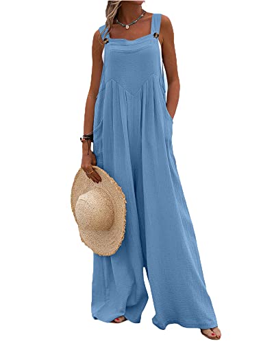 Acrawnni Damen Latzhose Vintage Blumen Gedruckt Lose Casual Baggy Ärmellos Overall Lang Jumpsuit Playsuit Hose Strampler, L-blau, 36 von Acrawnni