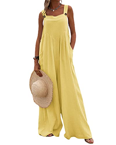 Acrawnni Damen Latzhose Vintage Blumen Gedruckt Lose Casual Baggy Ärmellos Overall Lang Jumpsuit Playsuit Hose Strampler, L-gelb, 36 von Acrawnni