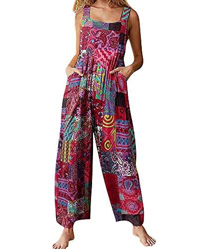 Acrawnni Damen Latzhose Vintage Blumen Gedruckt Lose Casual Baggy Ärmellos Overall Lang Jumpsuit Playsuit Hose Strampler, rot (a), 36 von Acrawnni